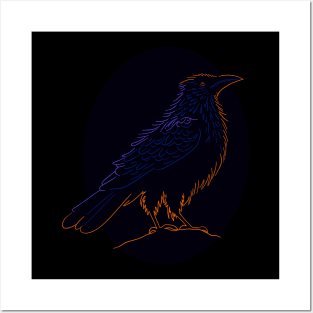 Crow or raven design. A black bird silhouette, with a sunset reflection Posters and Art